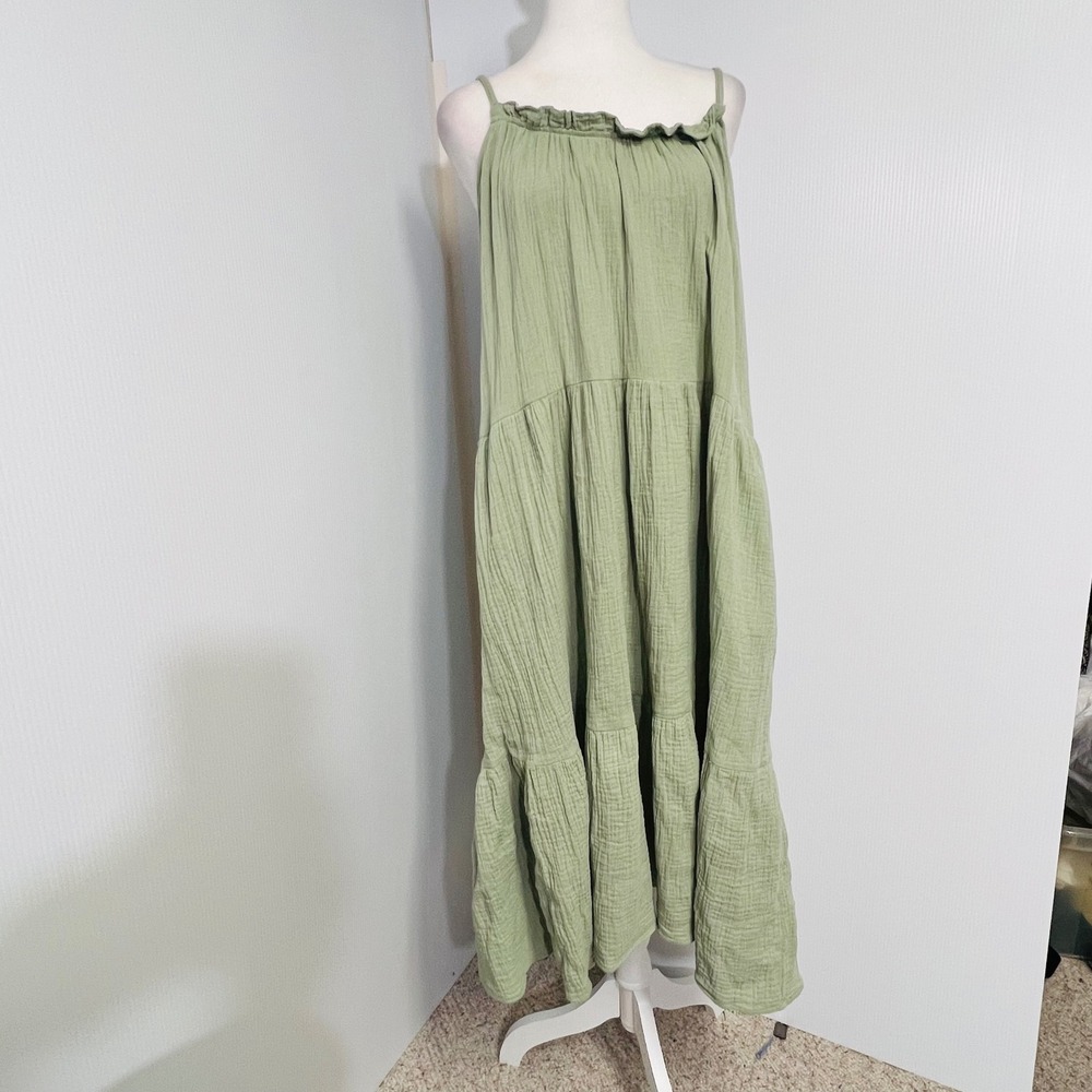 P CILL Maxi Dress Sage Green Gauze Tiered Ruffle Spaghetti Strap M